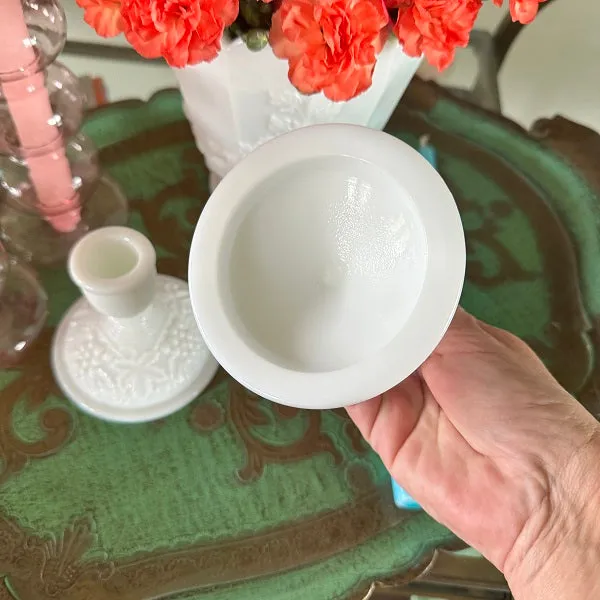 Milk Glass Candle Holders, Grapevine Pattern, Pair