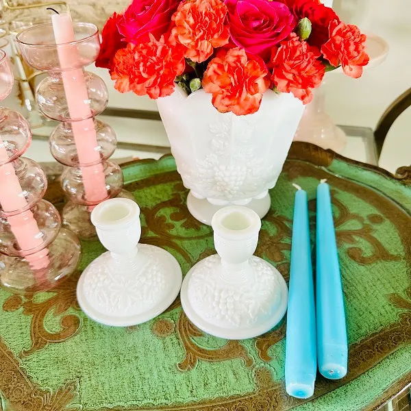 Milk Glass Candle Holders, Grapevine Pattern, Pair