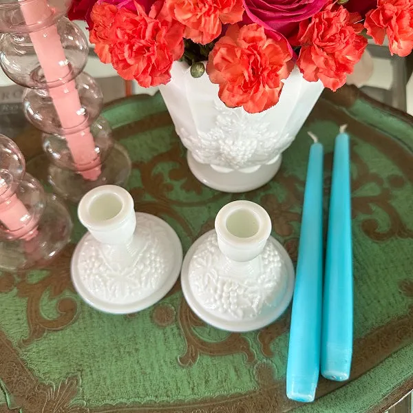 Milk Glass Candle Holders, Grapevine Pattern, Pair