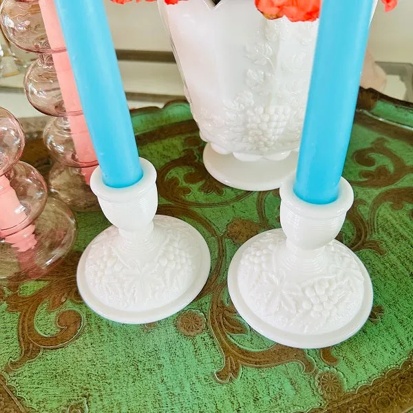 Milk Glass Candle Holders, Grapevine Pattern, Pair
