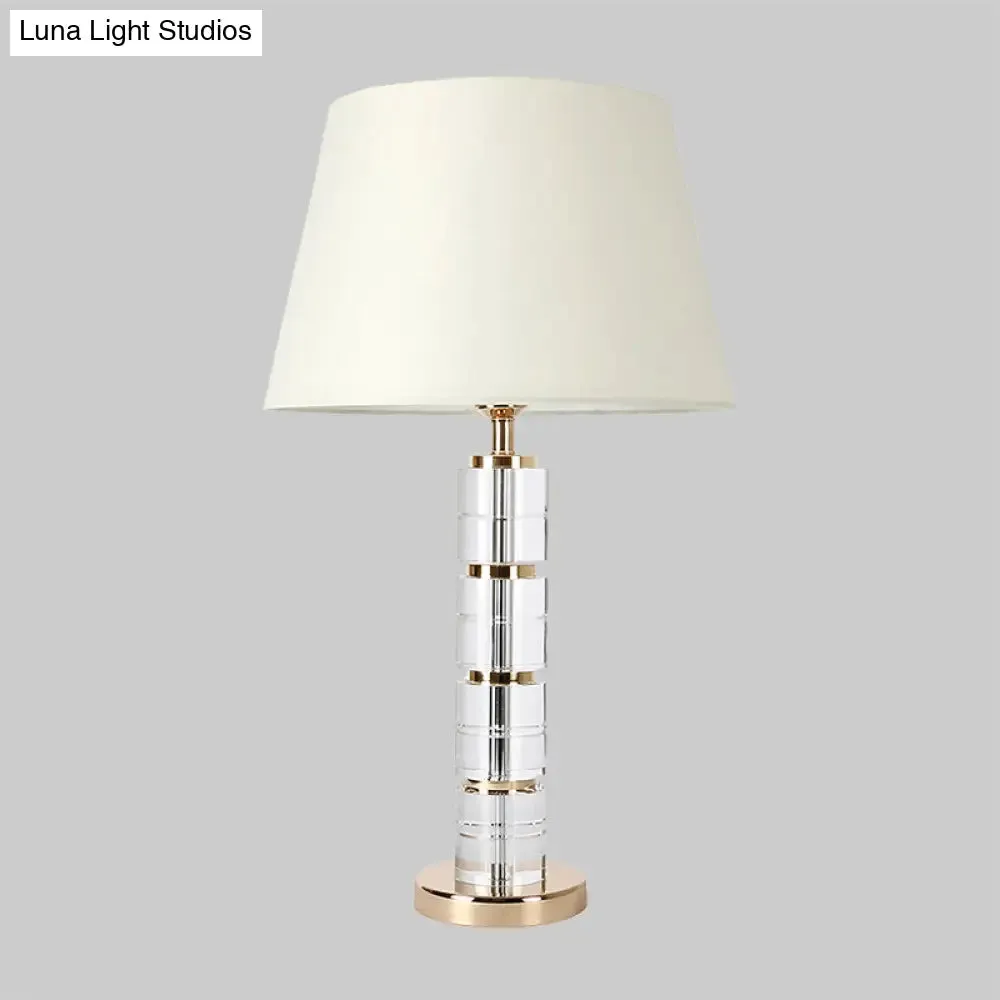 Minimalist 1-Bulb Table Lamp with White Column Design, Clear K9 Crystal for Living Room