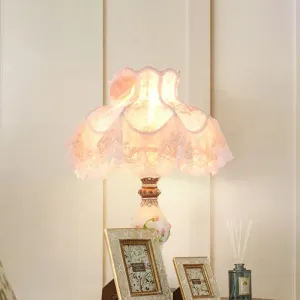 Modern 1-Light Beige Night Lamp with Lace Trim, Fabric Shade & Carved Base