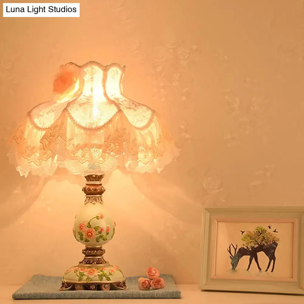 Modern 1-Light Beige Night Lamp with Lace Trim, Fabric Shade & Carved Base