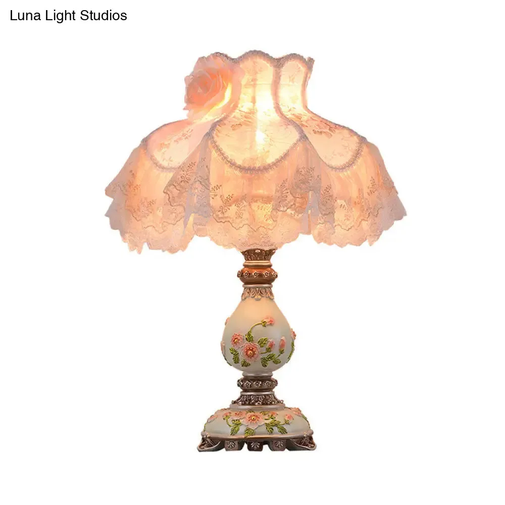 Modern 1-Light Beige Night Lamp with Lace Trim, Fabric Shade & Carved Base