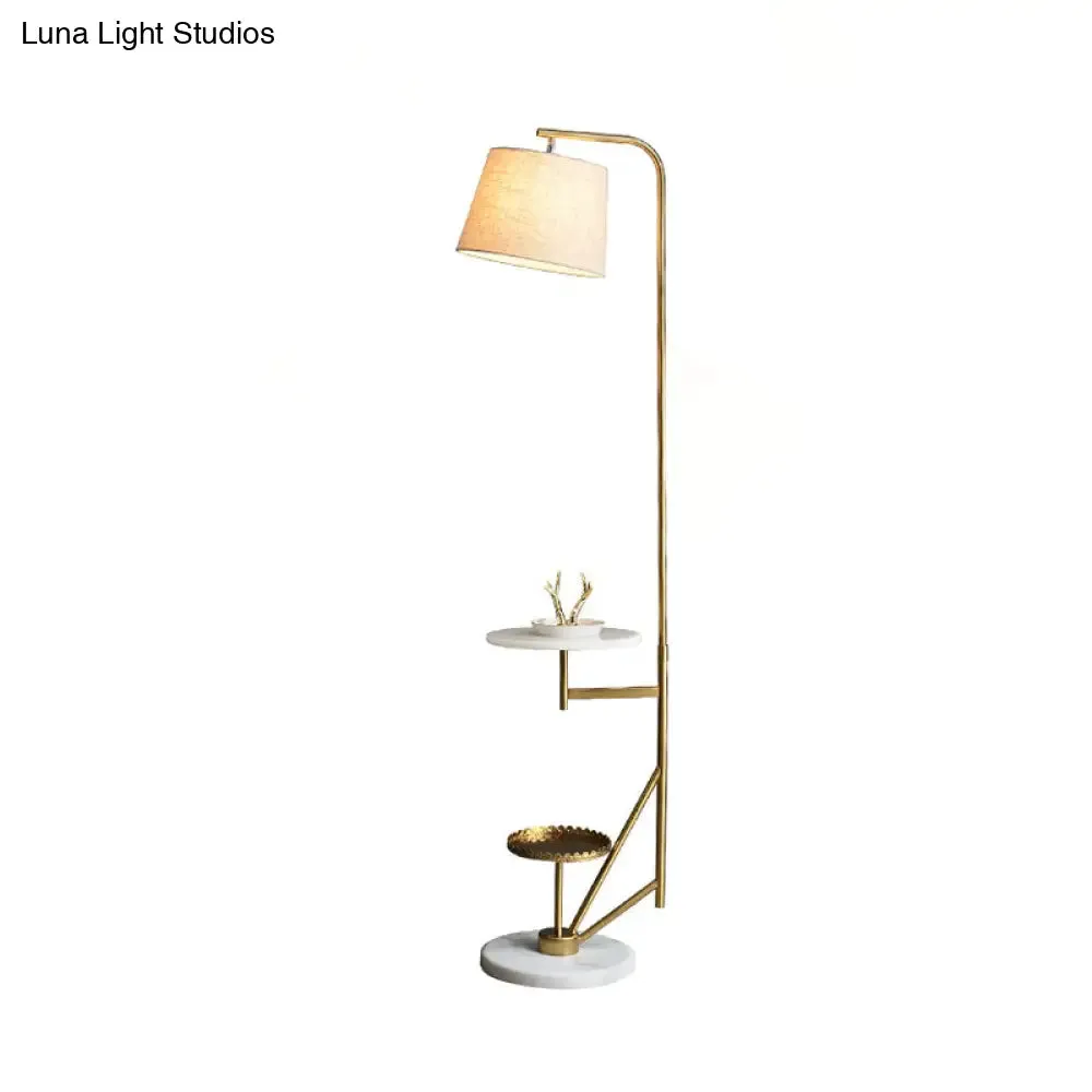 Modern 1-Light Floor Table Lamp: Beige Fabric Shade, Gold Curved Arm