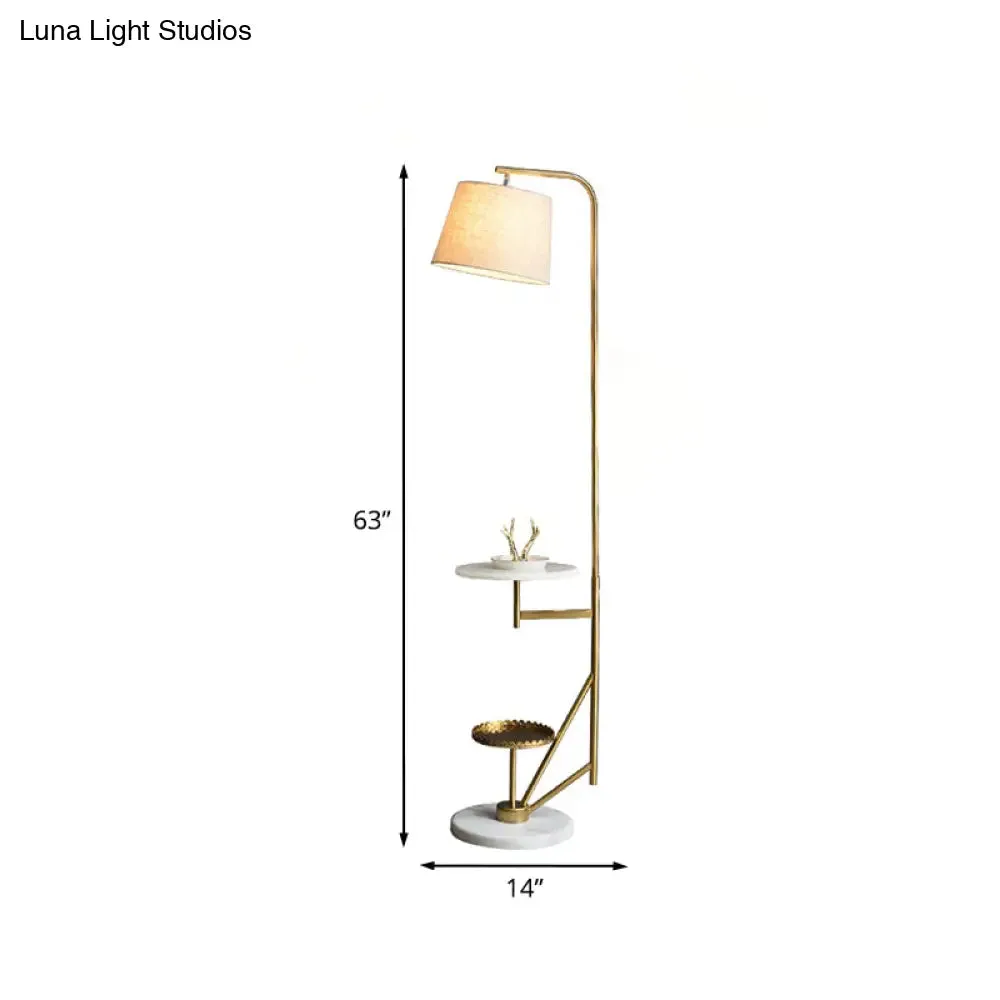Modern 1-Light Floor Table Lamp: Beige Fabric Shade, Gold Curved Arm