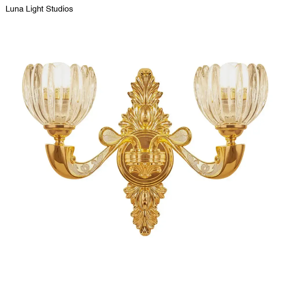 Modern Beveled Crystal Dome Sconce Light Fixture: Gold 1/2-Bulb Wall Lamp for the Bedroom