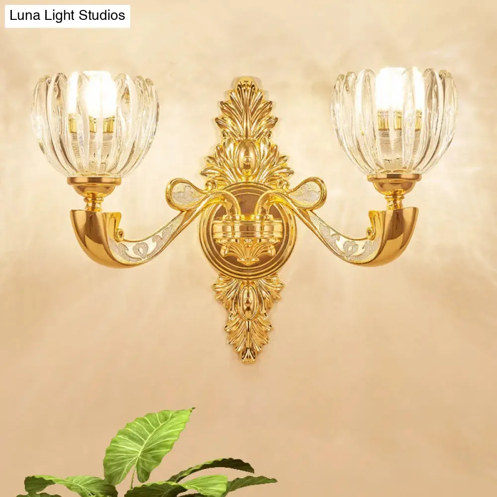 Modern Beveled Crystal Dome Sconce Light Fixture: Gold 1/2-Bulb Wall Lamp for the Bedroom