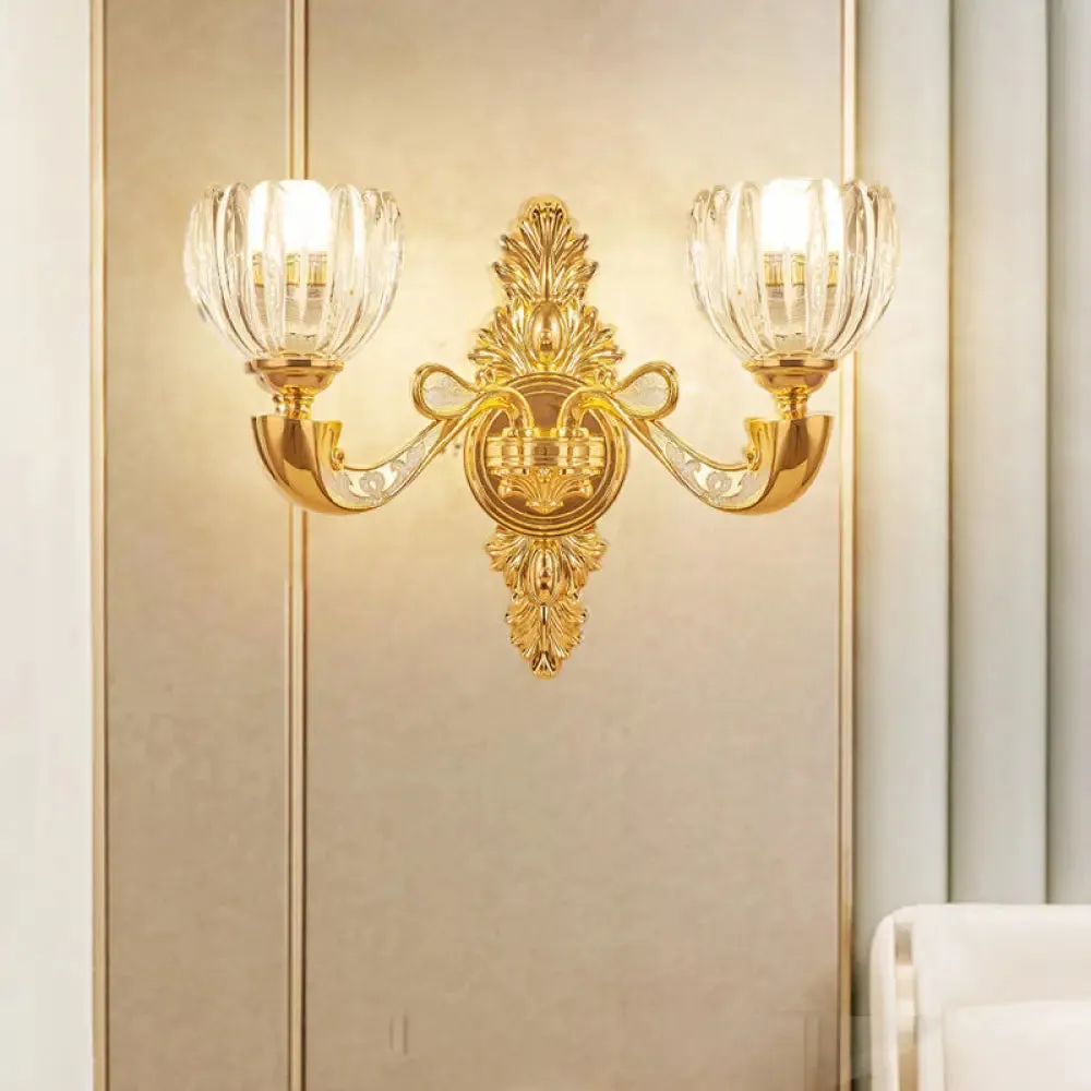Modern Beveled Crystal Dome Sconce Light Fixture: Gold 1/2-Bulb Wall Lamp for the Bedroom
