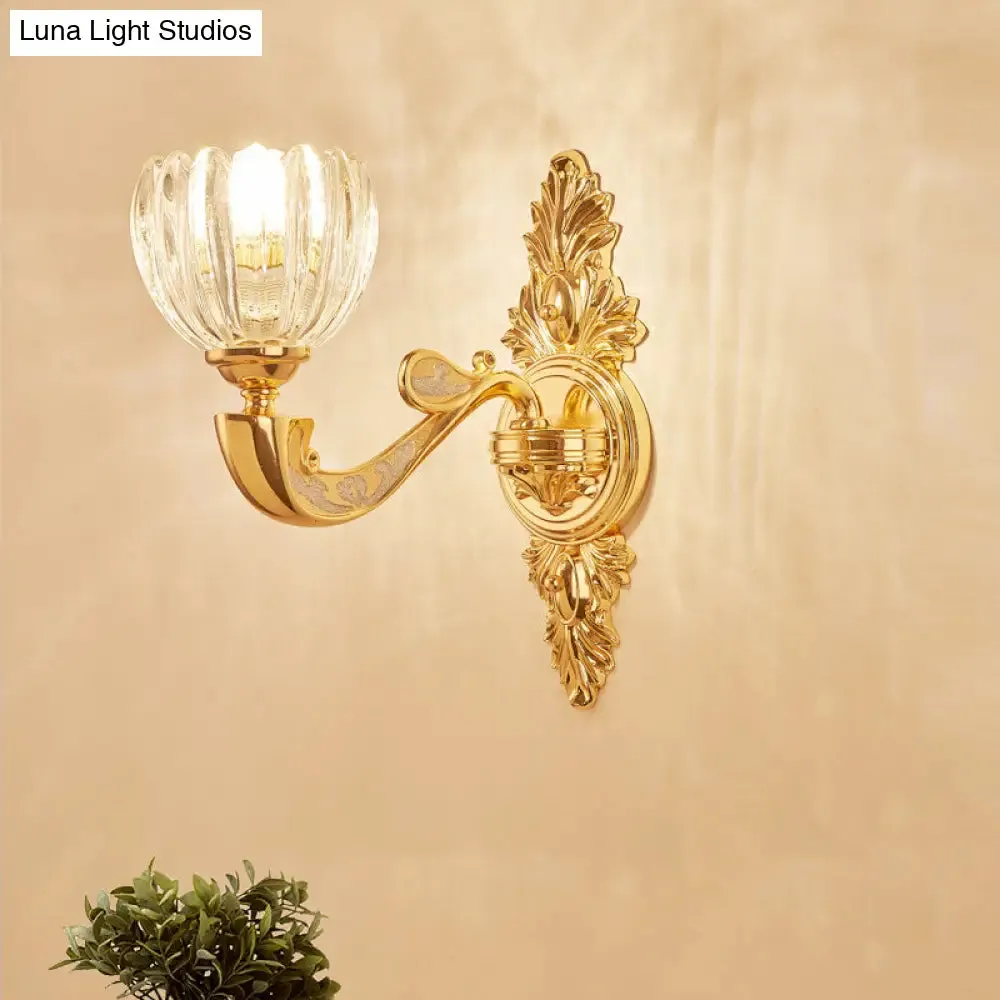 Modern Beveled Crystal Dome Sconce Light Fixture: Gold 1/2-Bulb Wall Lamp for the Bedroom