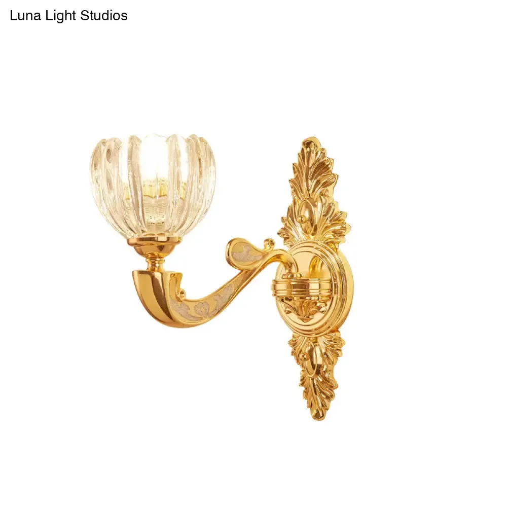 Modern Beveled Crystal Dome Sconce Light Fixture: Gold 1/2-Bulb Wall Lamp for the Bedroom