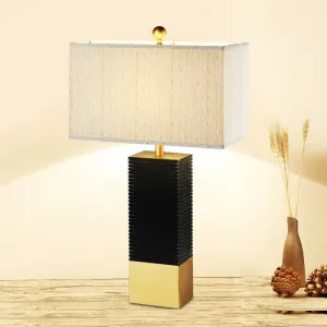 Modern Black Finish Rectangle Table Lamp with Metallic Base and Beige Fabric Shade