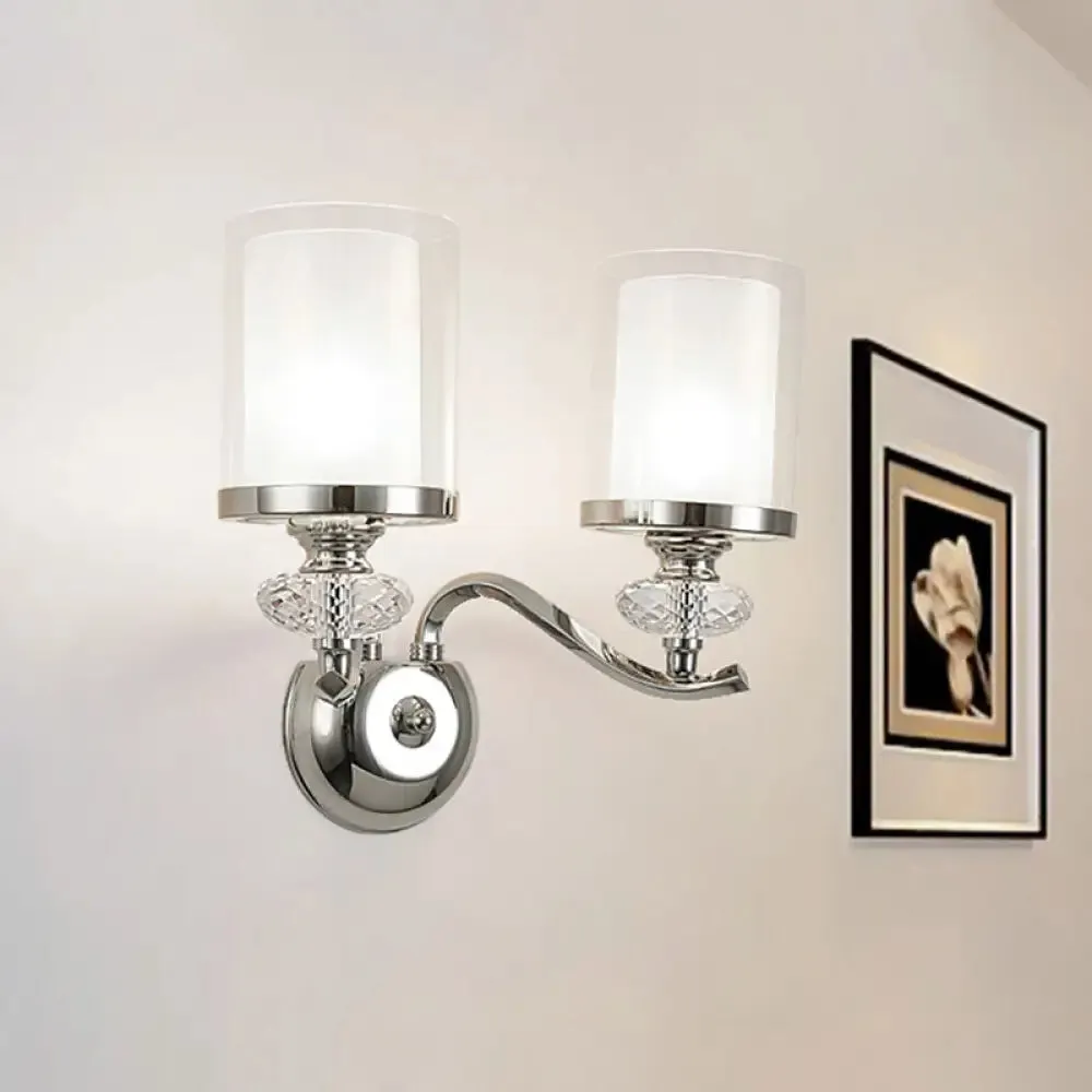 Modern Chrome Dual Cylinder Wall Mount Sconce with Curvy Arm - Simple Bathroom Lighting