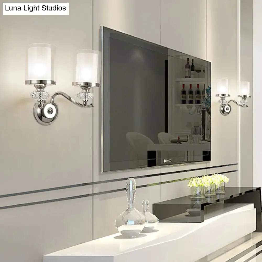 Modern Chrome Dual Cylinder Wall Mount Sconce with Curvy Arm - Simple Bathroom Lighting