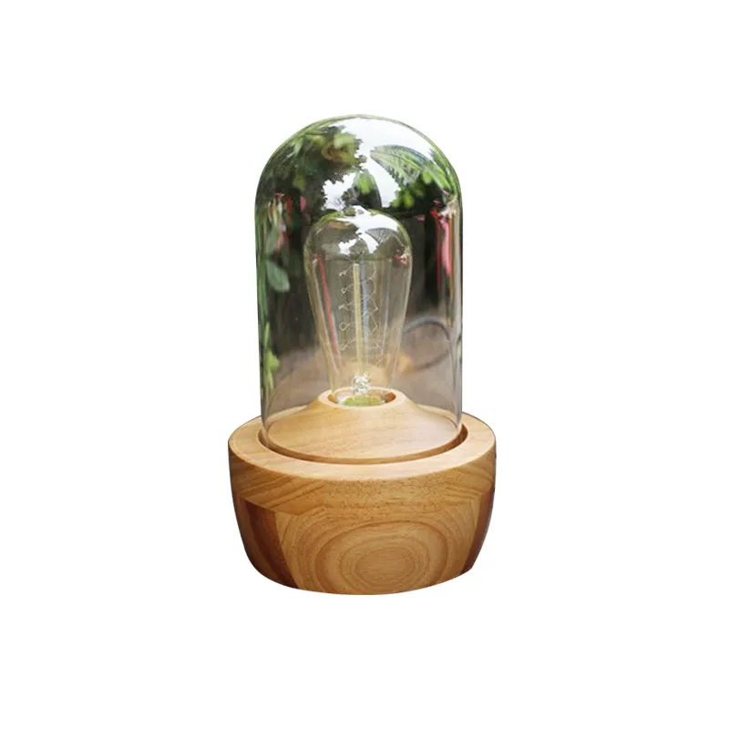 Modern Glass Cylinder Table Lamp with Wood Base for Bedroom