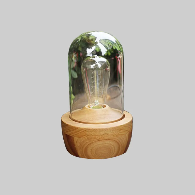 Modern Glass Cylinder Table Lamp with Wood Base for Bedroom