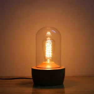 Modern Glass Cylinder Table Lamp with Wood Base for Bedroom