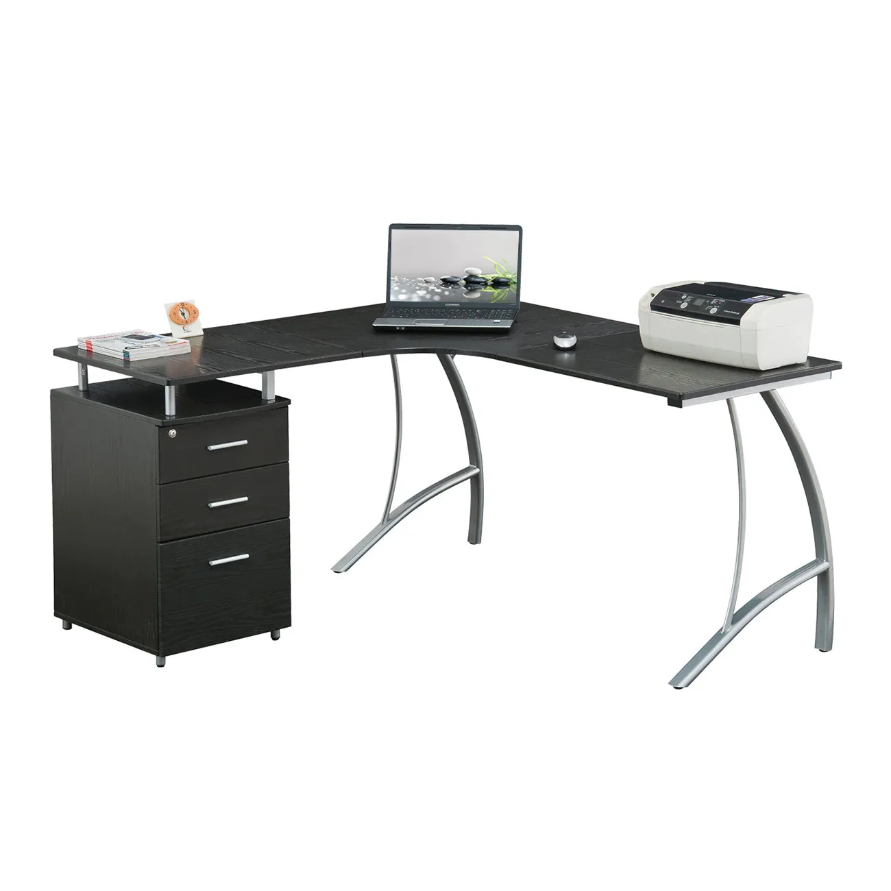 Modern L- Shaped Computer Desk with File Cabinet and Storage