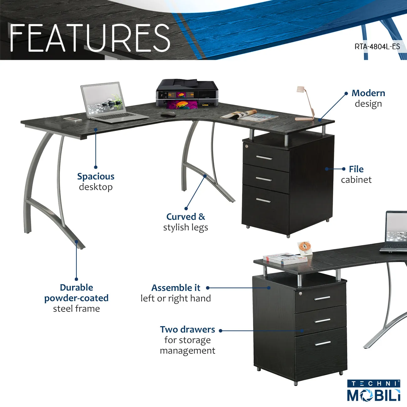 Modern L- Shaped Computer Desk with File Cabinet and Storage