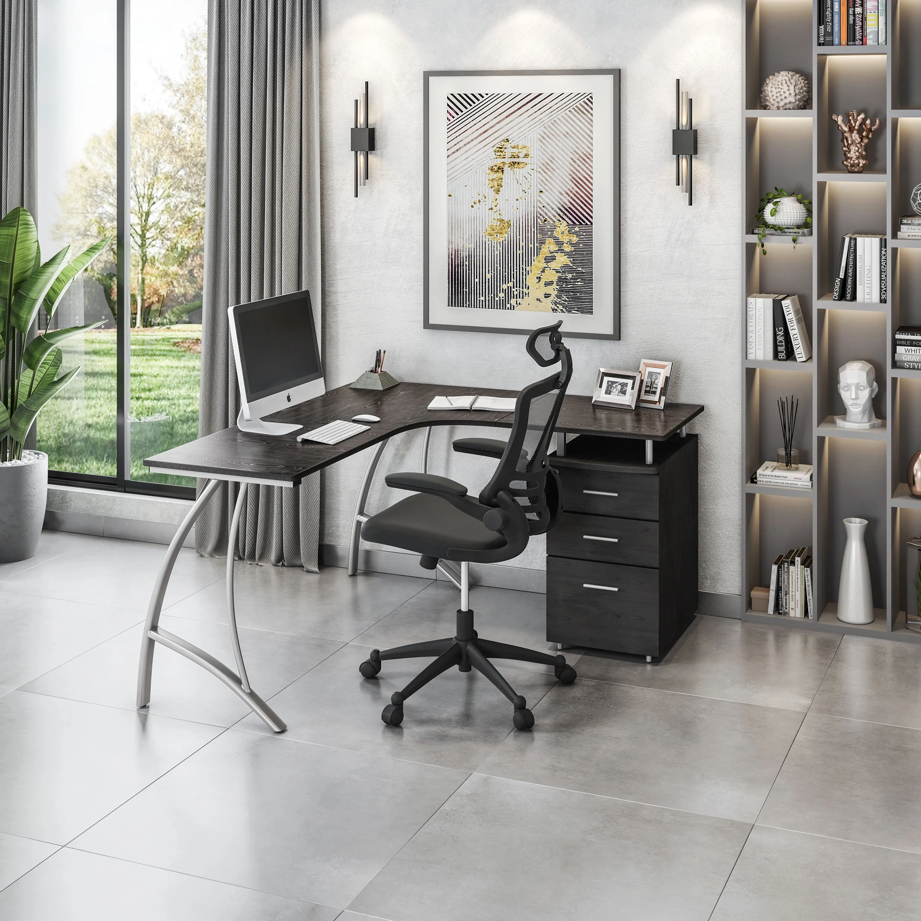 Modern L- Shaped Computer Desk with File Cabinet and Storage