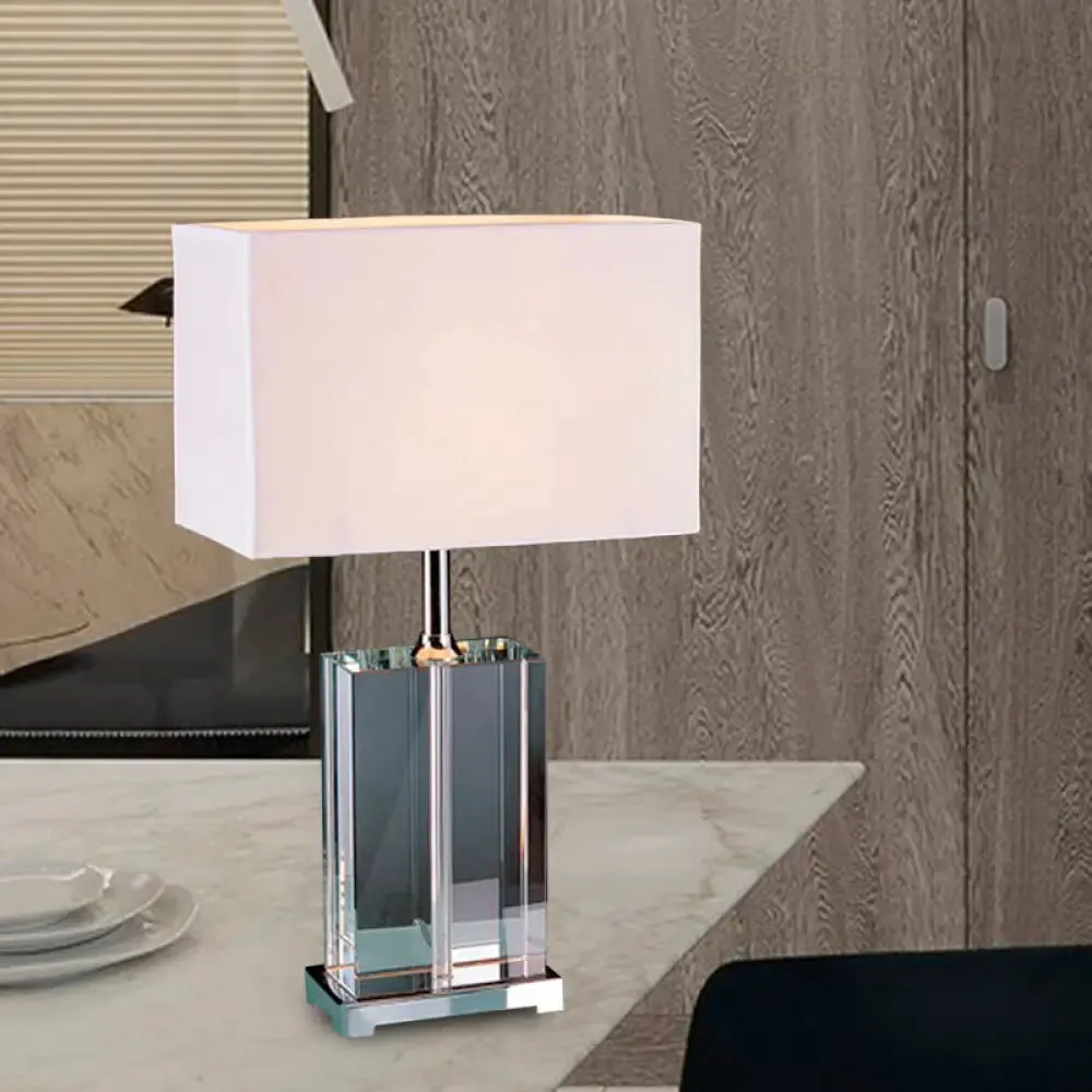 Modern Rectangular Reading Light with Clear Crystal and Fabric Shade - White Nightstand Lamp