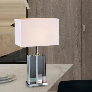 Modern Rectangular Reading Light with Clear Crystal and Fabric Shade - White Nightstand Lamp