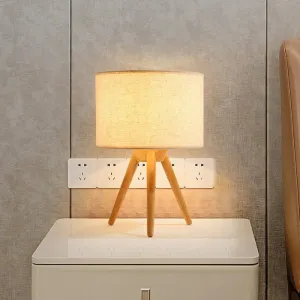 Modern Wood Table Lamp: Bedside Task Lighting with Cylinder Fabric Shade