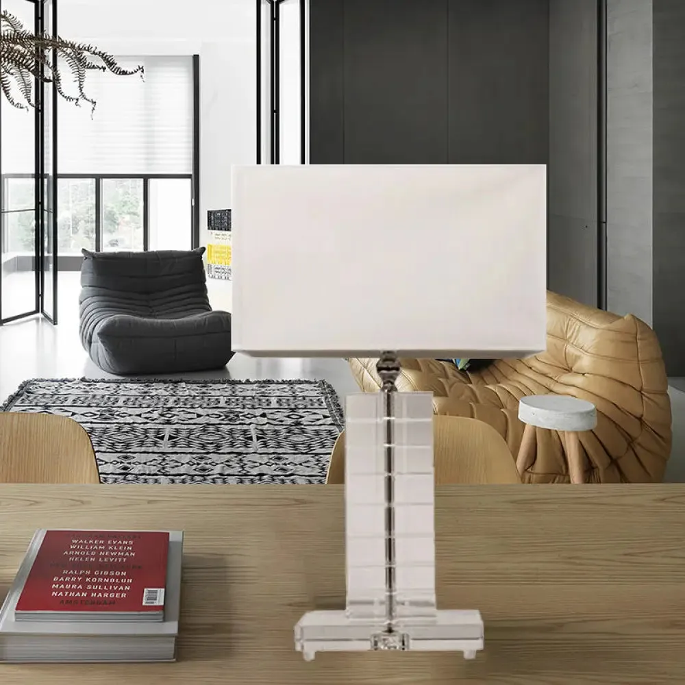 Modernist Clear Crystal Reading Light: White Nightstand Lamp with Rectangular Shape and 1 Bulb