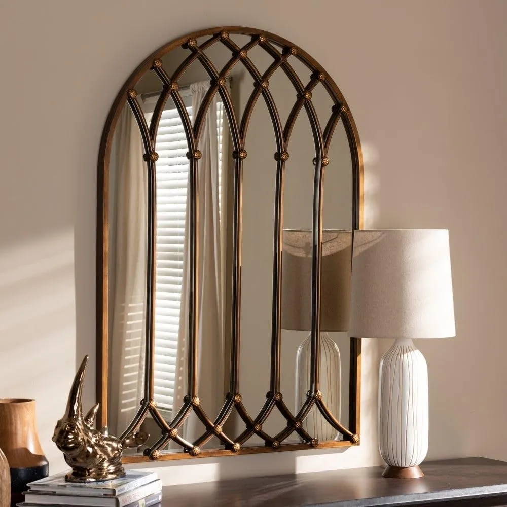 musa kazim Elegant Hanging Arch Farmhouse Wall Mirror, 36 Inch Wall Mounted Decorative Mirror for Living Room Fireplace Entryway Bedroom Bathroom Wooden Wall Window for Living Room Bedroom Brown
