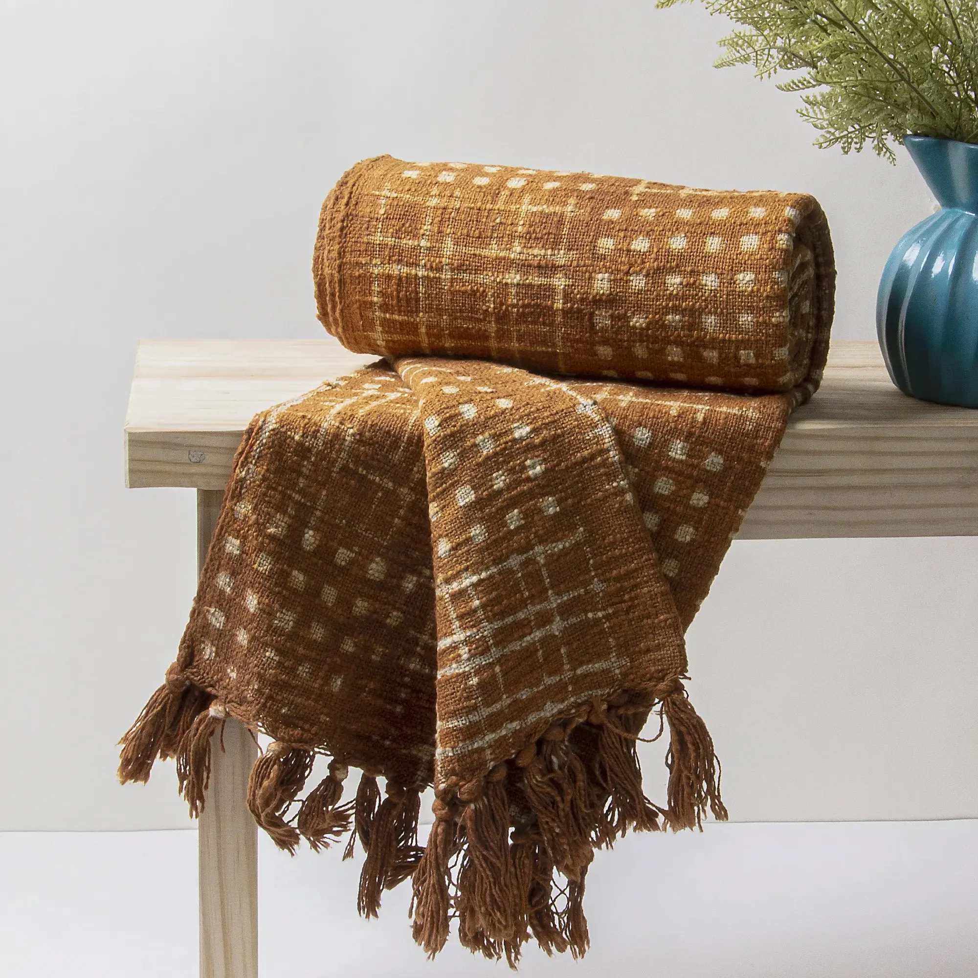 Mustard Yellow Block Print Sofa Throw Blanket For Home Decor