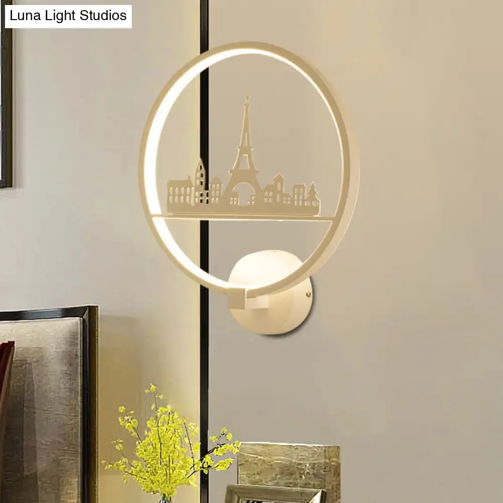 Nordic LED Wall Lamp with Eiffel Tower or Couple Pattern - White/Black Metal Round Mural Fixture