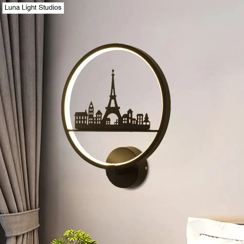 Nordic LED Wall Lamp with Eiffel Tower or Couple Pattern - White/Black Metal Round Mural Fixture