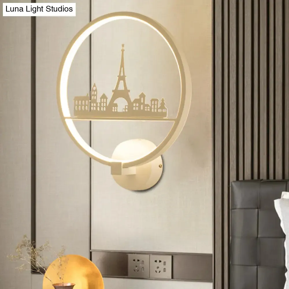 Nordic LED Wall Lamp with Eiffel Tower or Couple Pattern - White/Black Metal Round Mural Fixture