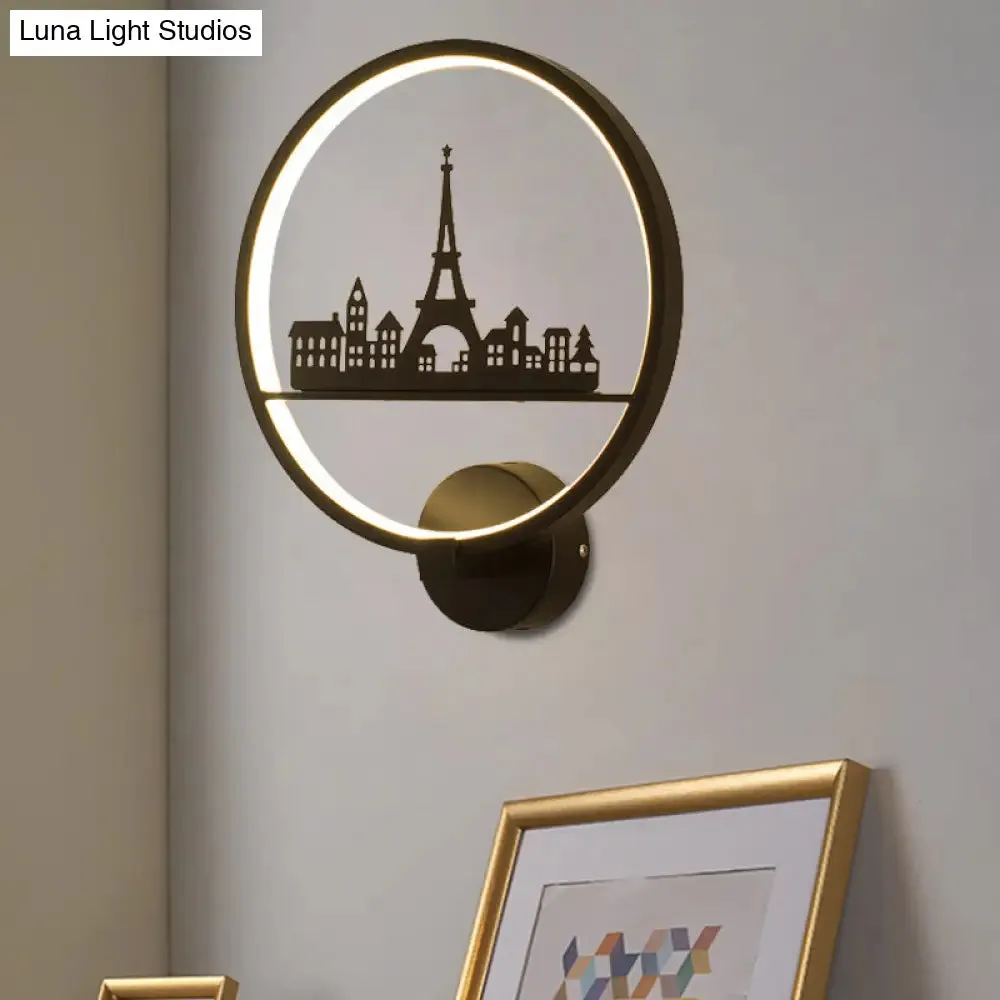 Nordic LED Wall Lamp with Eiffel Tower or Couple Pattern - White/Black Metal Round Mural Fixture