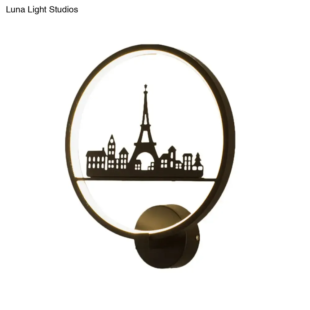 Nordic LED Wall Lamp with Eiffel Tower or Couple Pattern - White/Black Metal Round Mural Fixture