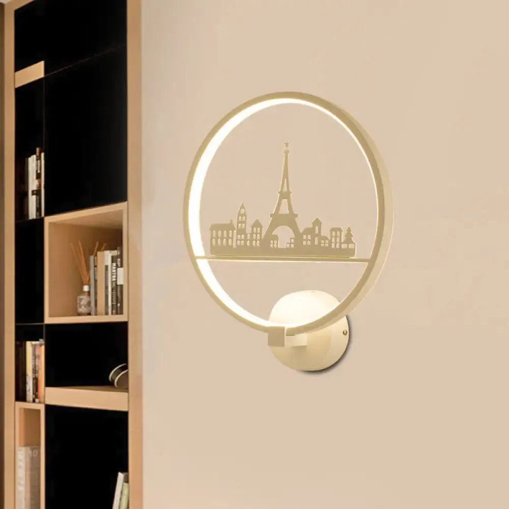 Nordic LED Wall Lamp with Eiffel Tower or Couple Pattern - White/Black Metal Round Mural Fixture