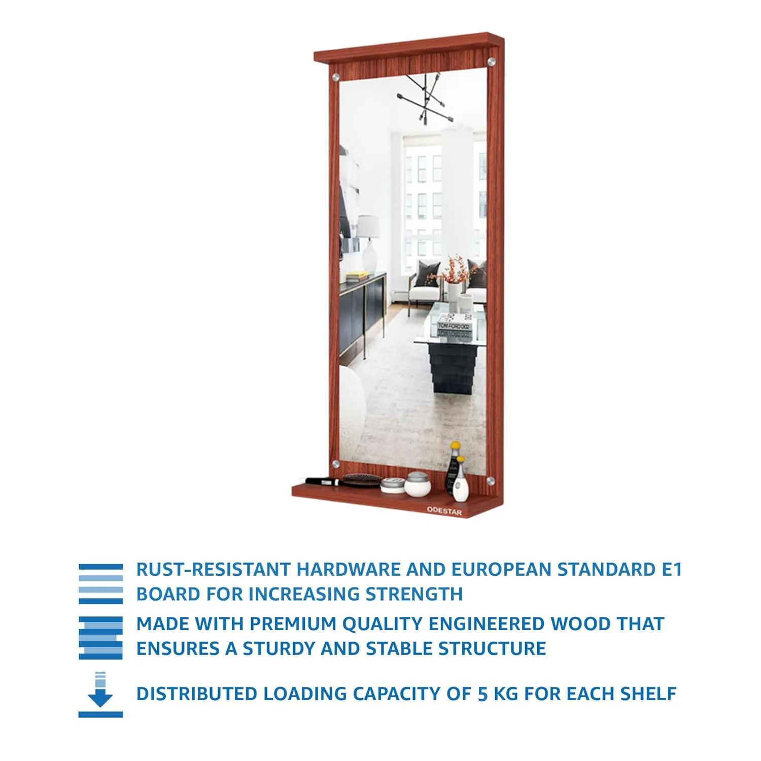 Odestar Wooden Hanging Wall Mirror 80 x 35 x 12 Cm for Living Room, Bedroom, Dressing table, Perfect for Any Room Enginering Wood (Particle Board) | KIAN | Rectangular Size Classic Walnut