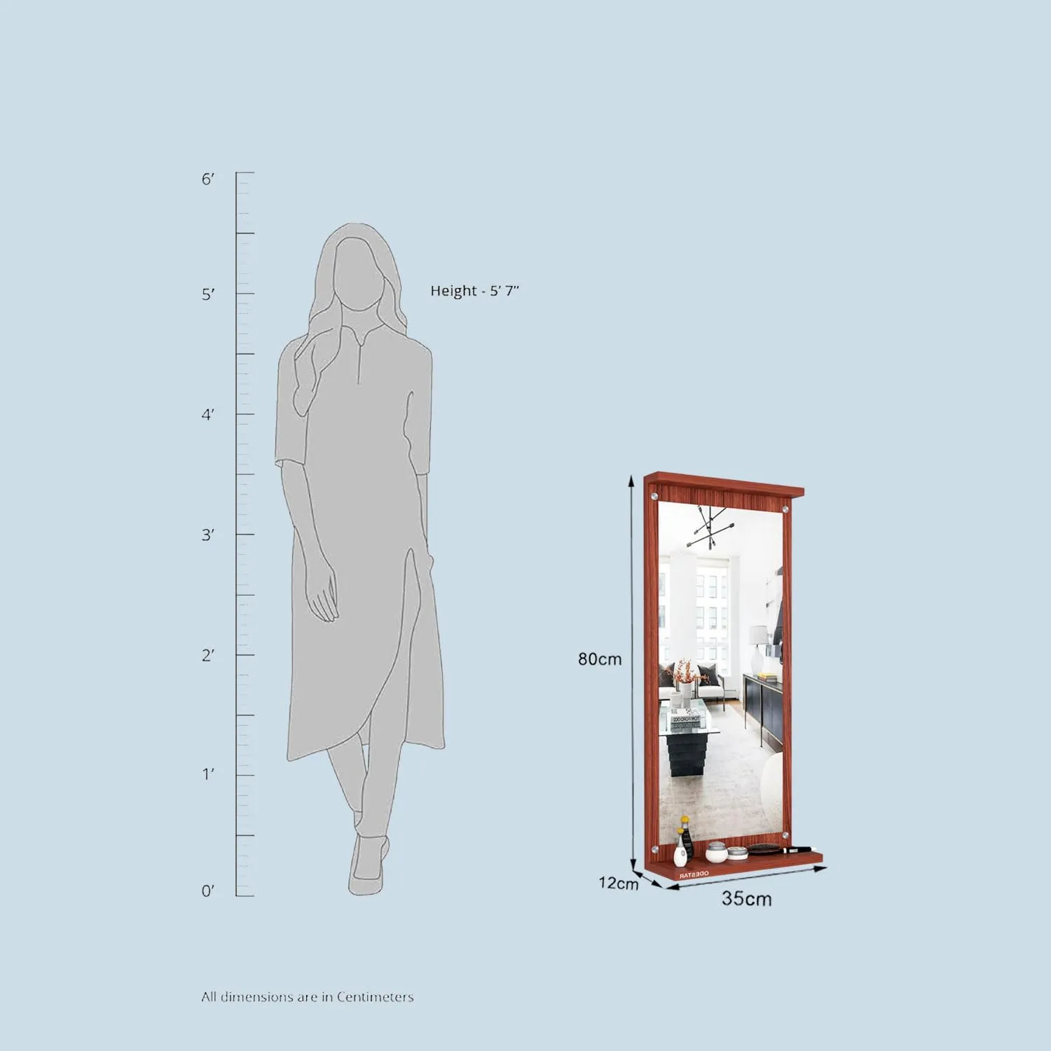Odestar Wooden Hanging Wall Mirror 80 x 35 x 12 Cm for Living Room, Bedroom, Dressing table, Perfect for Any Room Enginering Wood (Particle Board) | KIAN | Rectangular Size Classic Walnut