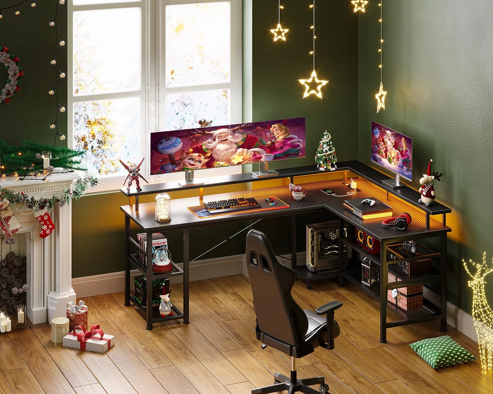 ODK 59" L Shaped Gaming Desk with Power Outlet and LED Lights, Reversible L Shaped Desk with Storage Shelves & Monitor Stand, Gaming Desk with USB Ports, Home Office Desk, Black Carbon Fiber