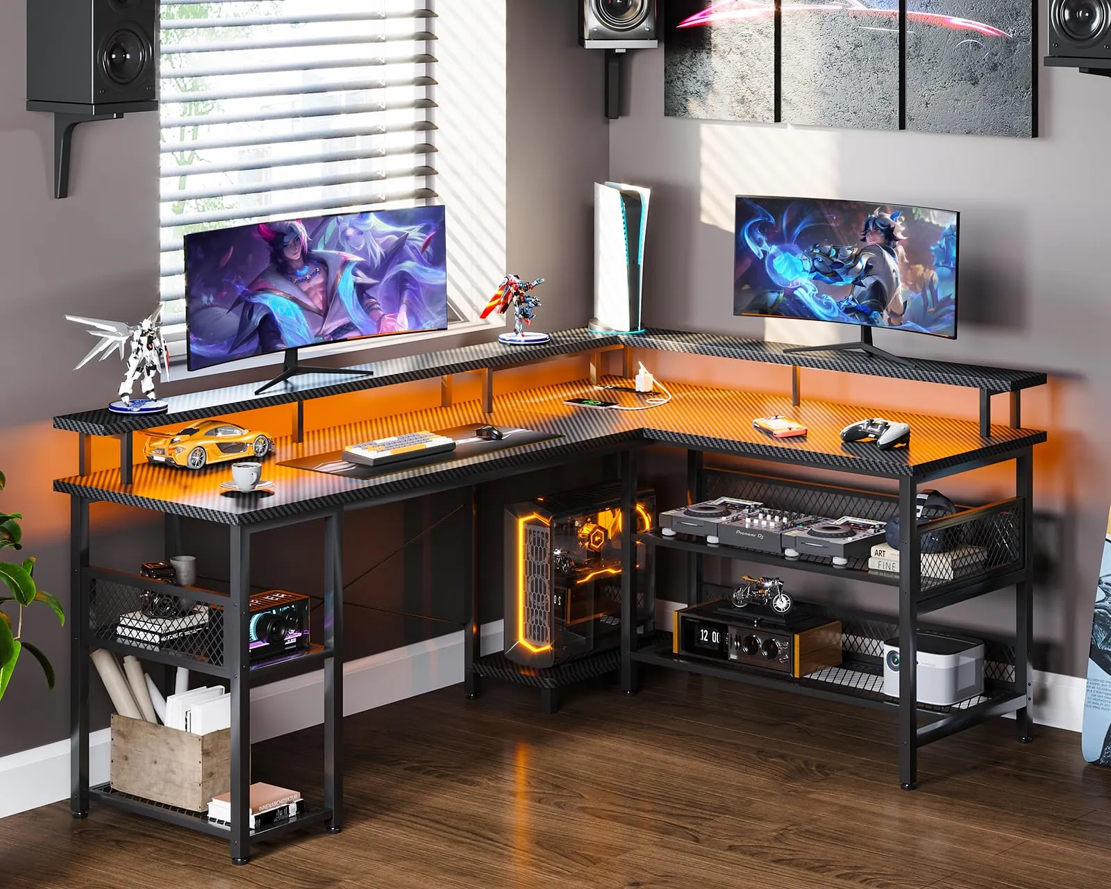 ODK 59" L Shaped Gaming Desk with Power Outlet and LED Lights, Reversible L Shaped Desk with Storage Shelves & Monitor Stand, Gaming Desk with USB Ports, Home Office Desk, Black Carbon Fiber