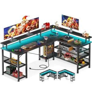 ODK 59" L Shaped Gaming Desk with Power Outlet and LED Lights, Reversible L Shaped Desk with Storage Shelves & Monitor Stand, Gaming Desk with USB Ports, Home Office Desk, Black Carbon Fiber