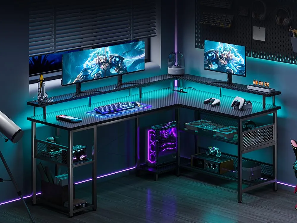 ODK 59" L Shaped Gaming Desk with Power Outlet and LED Lights, Reversible L Shaped Desk with Storage Shelves & Monitor Stand, Gaming Desk with USB Ports, Home Office Desk, Black Carbon Fiber