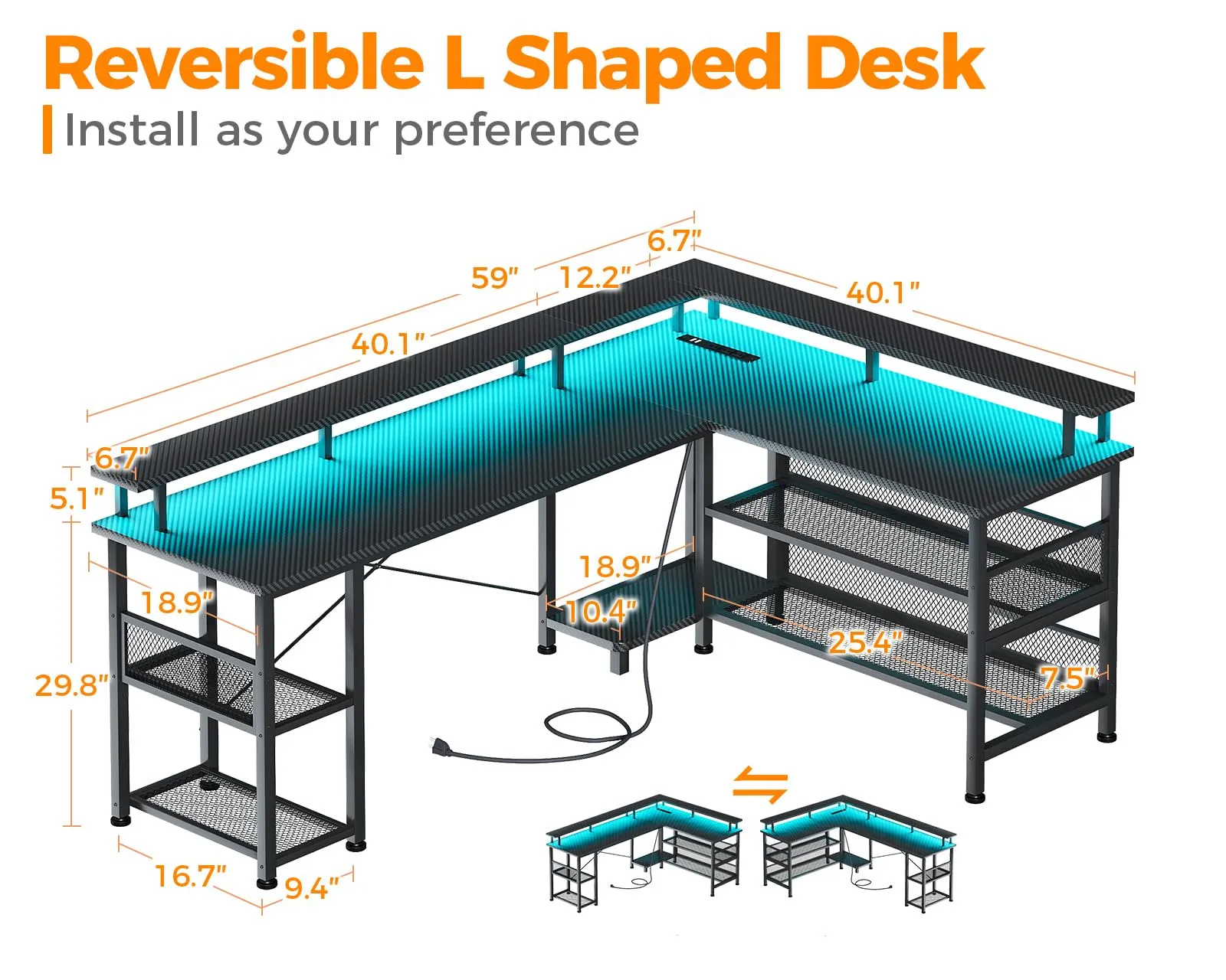 ODK 59" L Shaped Gaming Desk with Power Outlet and LED Lights, Reversible L Shaped Desk with Storage Shelves & Monitor Stand, Gaming Desk with USB Ports, Home Office Desk, Black Carbon Fiber