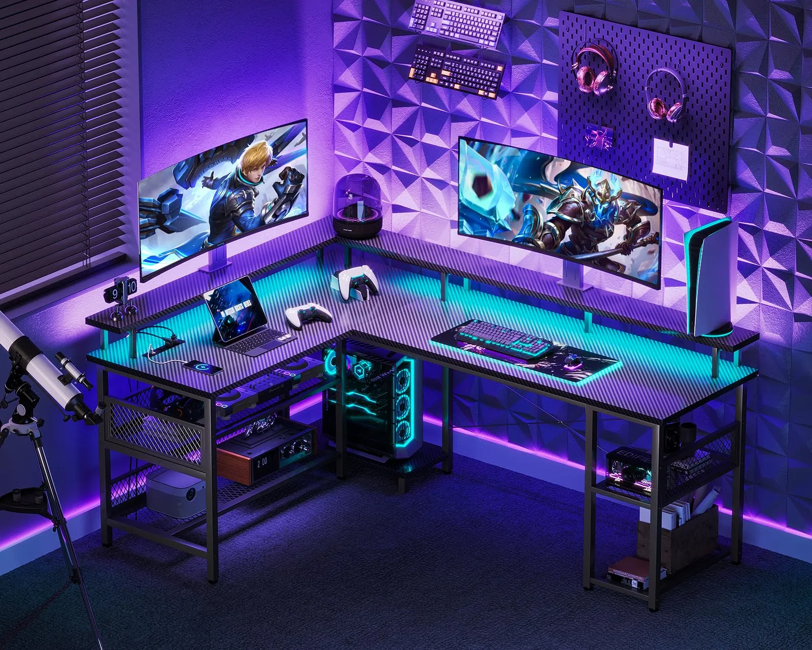 ODK 59" L Shaped Gaming Desk with Power Outlet and LED Lights, Reversible L Shaped Desk with Storage Shelves & Monitor Stand, Gaming Desk with USB Ports, Home Office Desk, Black Carbon Fiber