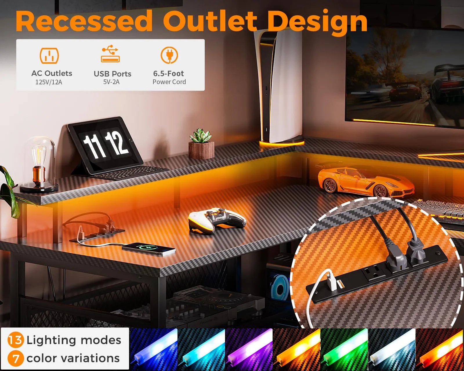 ODK 59" L Shaped Gaming Desk with Power Outlet and LED Lights, Reversible L Shaped Desk with Storage Shelves & Monitor Stand, Gaming Desk with USB Ports, Home Office Desk, Black Carbon Fiber