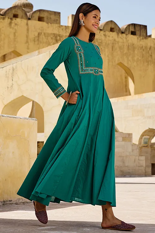 Okhai "Minar" Hand Embroidered Mirror and Beadwork Pure Cotton Flared Kurta