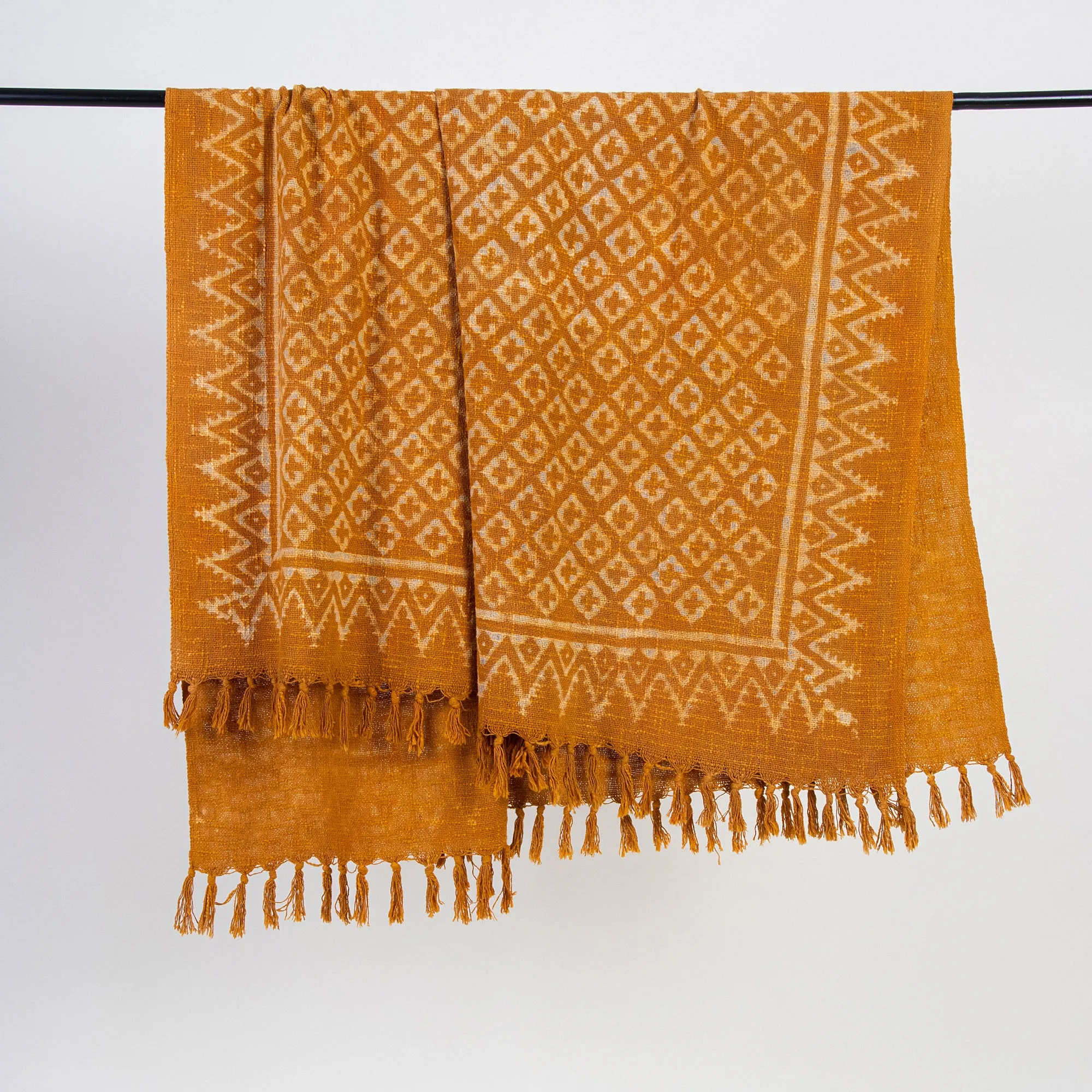 Orange Geometrical Block Print Cotton Bed Throw Blanket