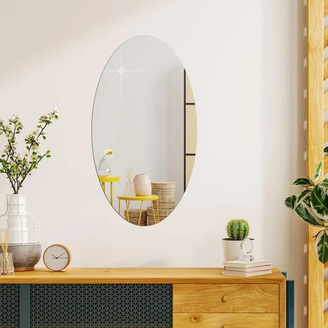 Oval Shape Adhesive Mirror Sticker for Wall On Tiles Bathroom, Bedroom Living Room 20 * 30 CM, Silver, Unframed
