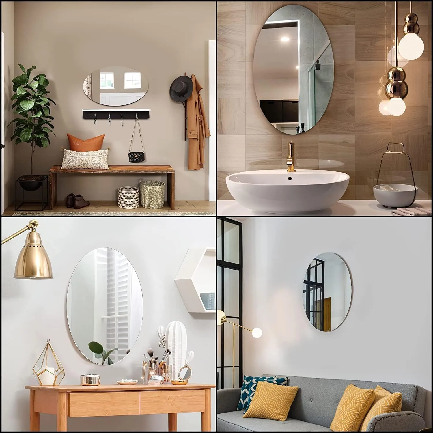 Oval Shape Adhesive Mirror Sticker for Wall On Tiles Bathroom, Bedroom Living Room 20 * 30 CM, Silver, Unframed