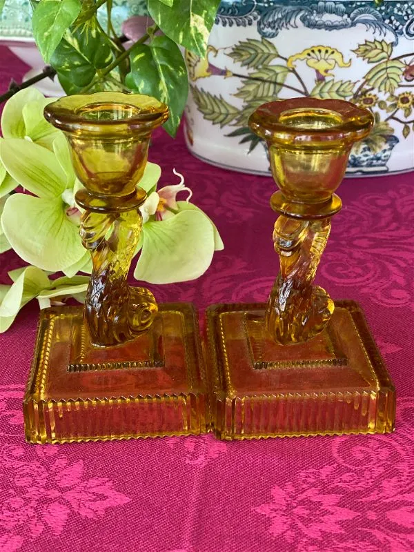 Pair Amber Koi Fish Short Candlesticks